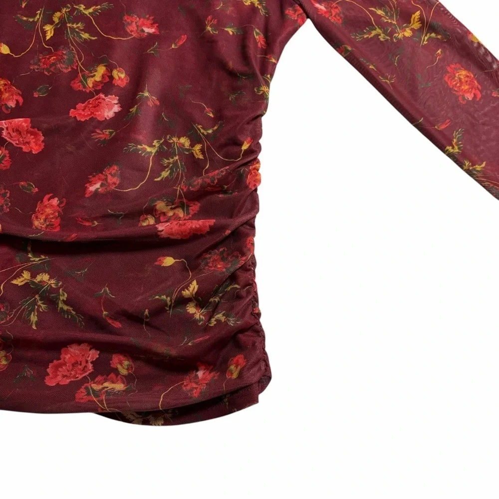 Cinq à Sept Falling Poppies Shirred Mesh Turtleneck | Floral Sheer | XS - Picture 5 of 13